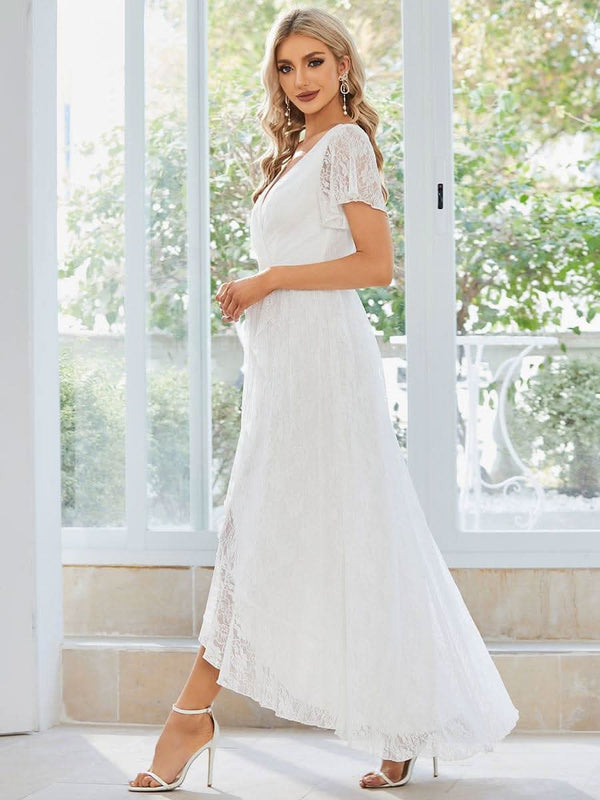 ever ELISE|Pleated V-Neck Short Sleeve Ruffled Lace Formal Mother of the Bride Dress