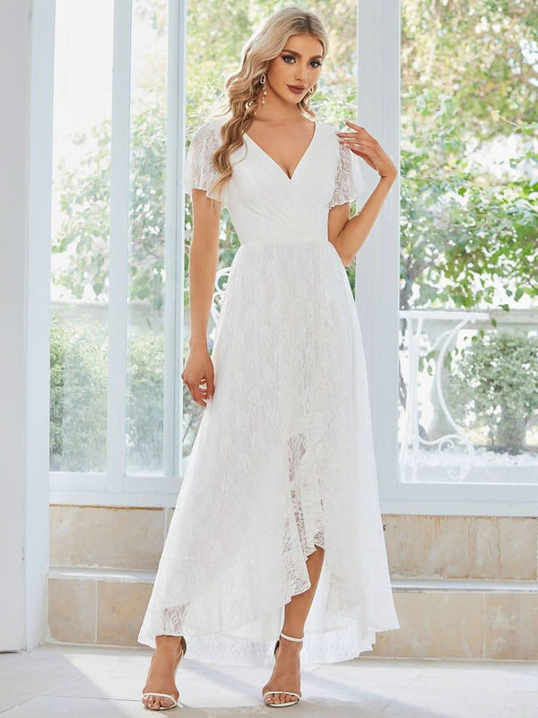 ever ELISE|Pleated V-Neck Short Sleeve Ruffled Lace Formal Mother of the Bride Dress
