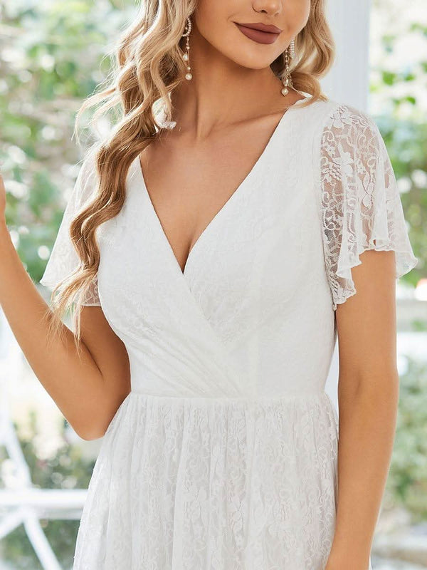 ever ELISE|Pleated V-Neck Short Sleeve Ruffled Lace Formal Mother of the Bride Dress