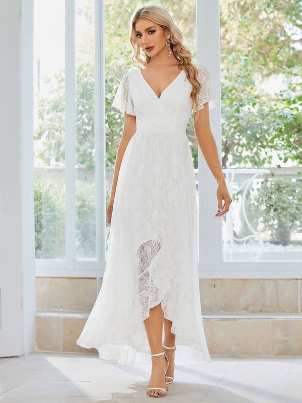 ever ELISE|Pleated V-Neck Short Sleeve Ruffled Lace Formal Mother of the Bride Dress