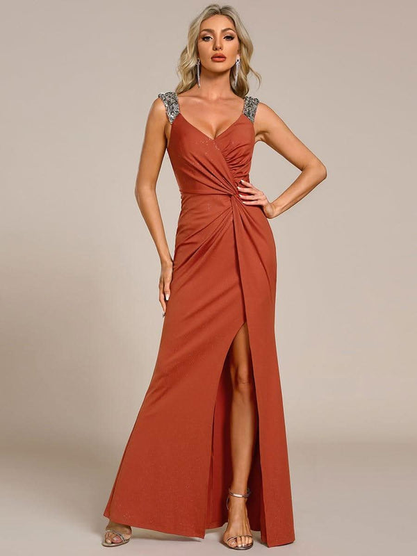 ever NOIRE|Sequin Shoulder Strap Twist High Slit Prom Dress