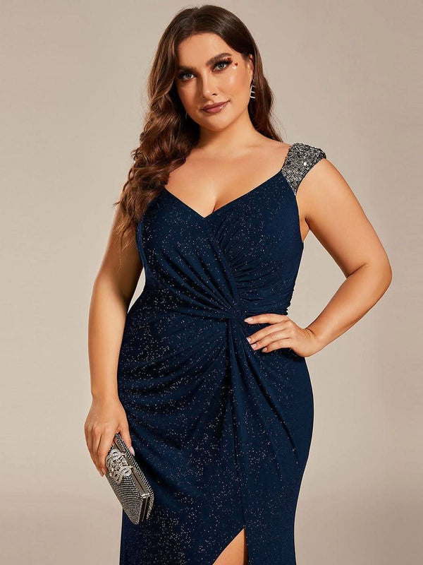 ever NOIRE|Sequin Shoulder Strap Twist High Slit Prom Dress