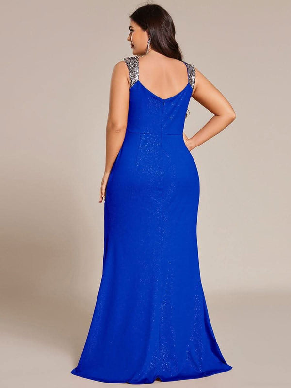 ever NOIRE|Glitter V-Neck High Slit Sequin Shoulder Strap Wedding Guest Dress