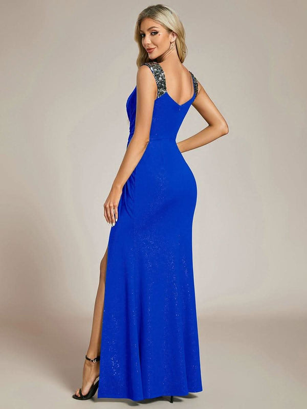 ever NOIRE|Glitter V-Neck High Slit Sequin Shoulder Strap Wedding Guest Dress
