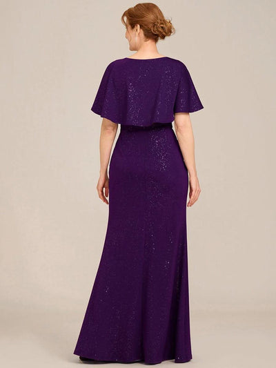 Glittery V-Neck Pleated Bat-Wing Sleeve Bodycon Waist-Cinching Evening Dress #color_Dark Purple
