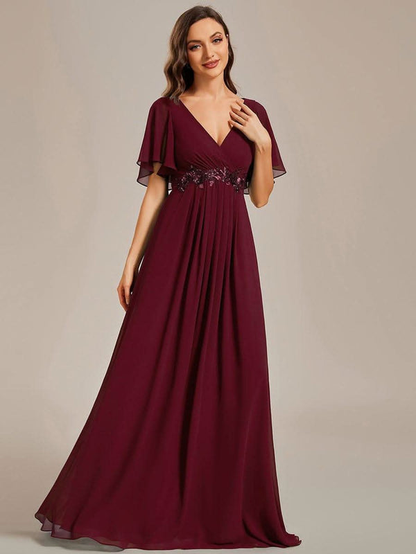ever IVYROSE|Ruffles Sleeve A-Line Chiffon Waist Applique Maxi Mother of the Bride Dress