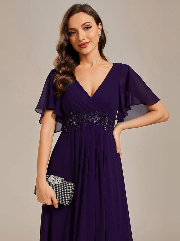 ever IVYROSE|Ruffles Sleeve A-Line Chiffon Waist Applique Maxi Mother of the Bride Dress