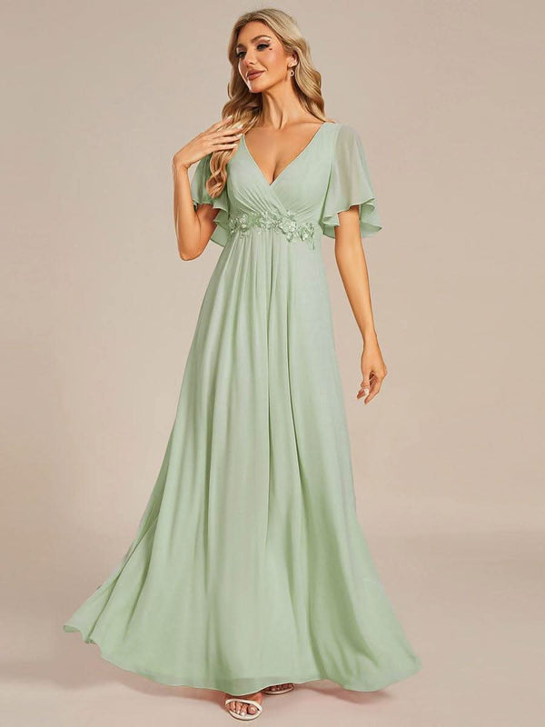 ever IVYROSE|Ruffles Sleeve A-Line Chiffon Waist Applique Maxi Mother of the Bride Dress
