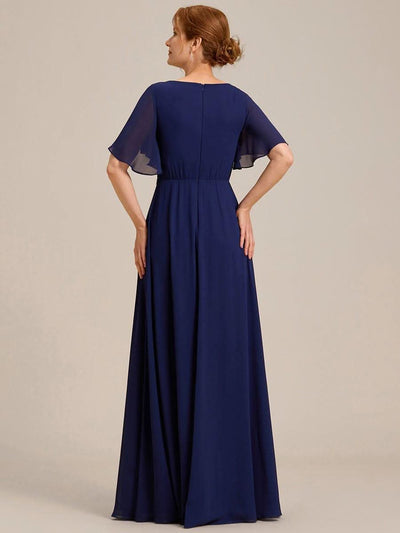 Ruffles Sleeve A-Line Chiffon Waist Applique Maxi Evening Dress #color_Navy Blue
