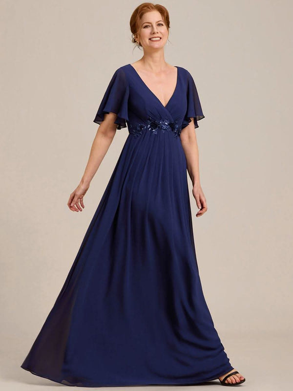 ever IVYROSE|Ruffles Sleeve A-Line Chiffon Waist Applique Maxi Mother of the Bride Dress