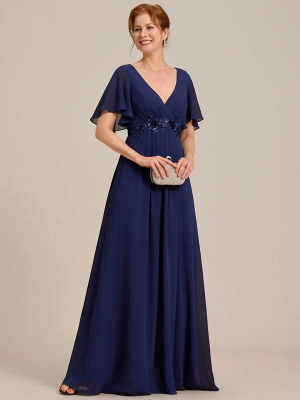 ever IVYROSE|Ruffles Sleeve A-Line Chiffon Waist Applique Maxi Mother of the Bride Dress