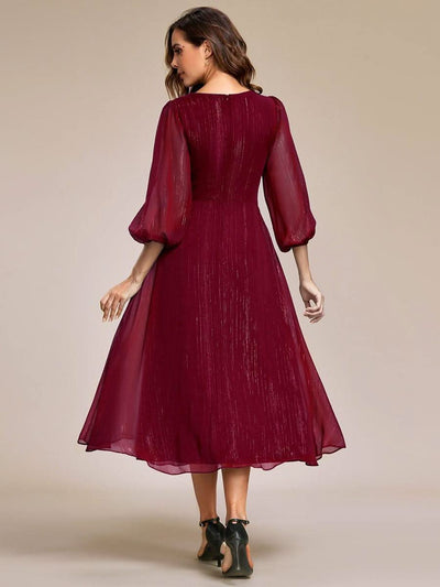 Glitter Twist Knot See-Through Long Sleeve Wedding Guest Dress #color_Burgundy