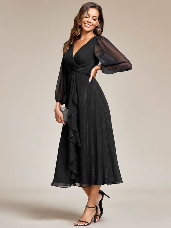 ever EMBER|Glitter Twist Knot See-Through Long Sleeve Wedding Guest Dress