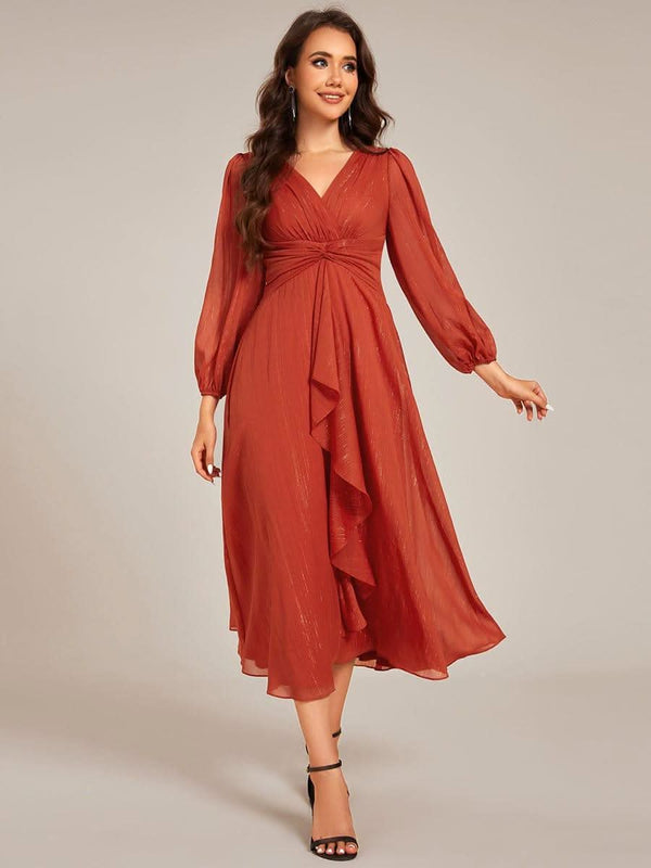 ever EMBER|Glitter Twist Knot See-Through Long Sleeve Wedding Guest Dress