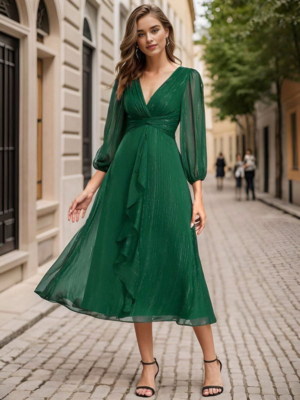 ever EMBER|Glitter Twist Knot See-Through Long Sleeve Wedding Guest Dress