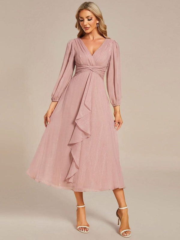 ever EMBER|Glitter Twist Knot See-Through Long Sleeve Wedding Guest Dress