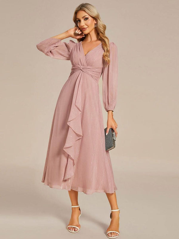 ever EMBER|Glitter Twist Knot See-Through Long Sleeve Wedding Guest Dress