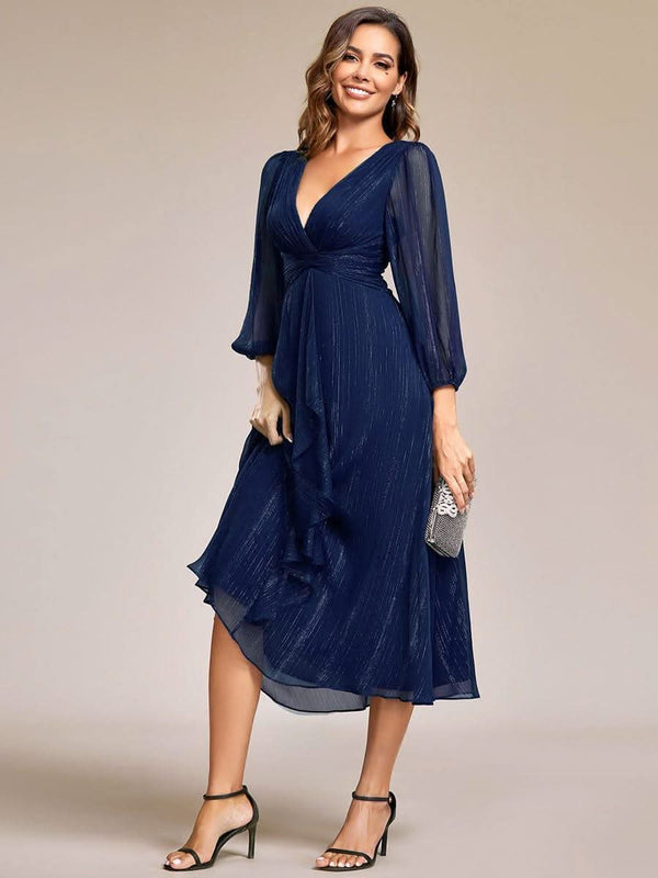 ever EMBER|Glitter Twist Knot See-Through Long Sleeve Wedding Guest Dress