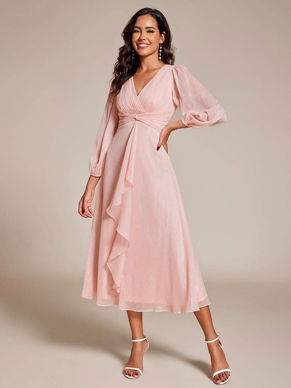 ever EMBER|Glitter Twist Knot See-Through Long Sleeve Wedding Guest Dress