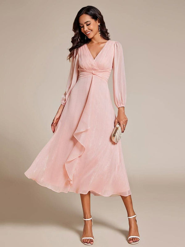 ever EMBER|Glitter Twist Knot See-Through Long Sleeve Wedding Guest Dress