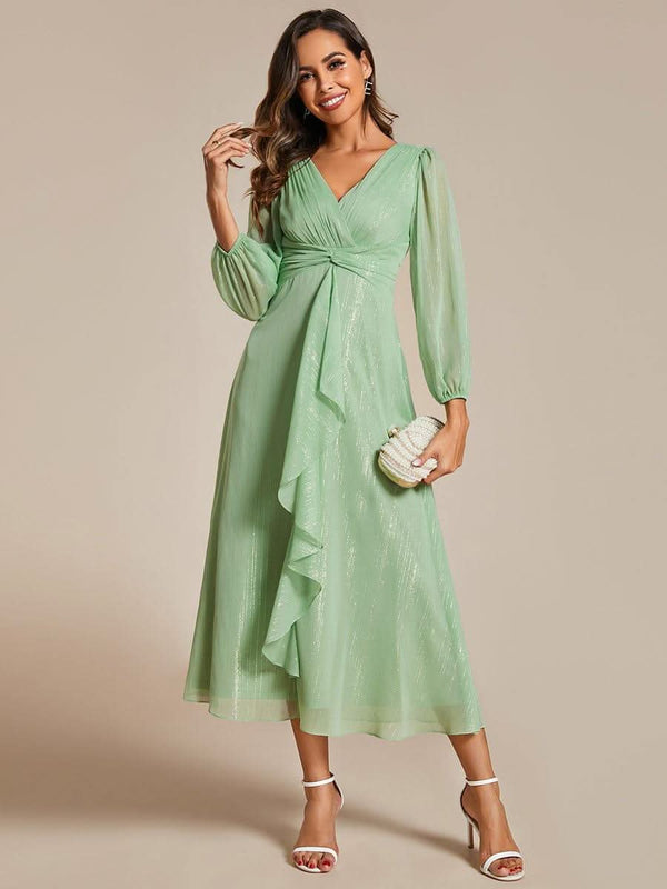 ever EMBER|Glitter Twist Knot See-Through Long Sleeve Wedding Guest Dress