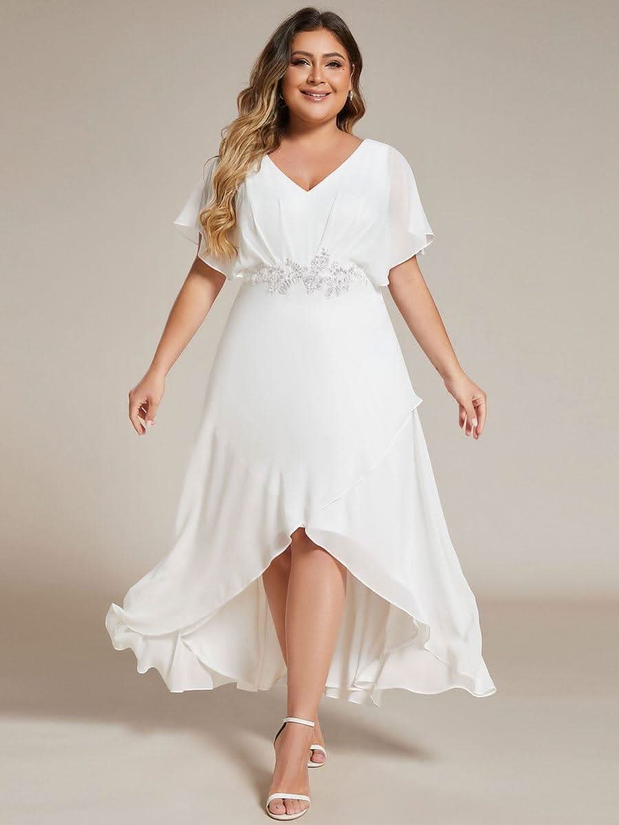 Plus Size V-Neck Chiffon Bat-Wing Sleeve A-Line Waist Applique Formal Dress #color_White