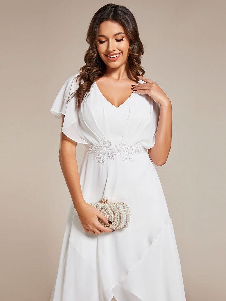 Plus Size V-Neck Chiffon Bat-Wing Sleeve A-Line Waist Applique Formal Dress #color_White