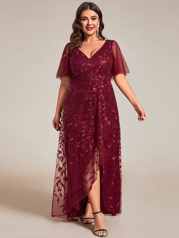 ever ALIX|Short Sleeves Sequin High Low V-Neck Midi Formal Wedding Guest Dress