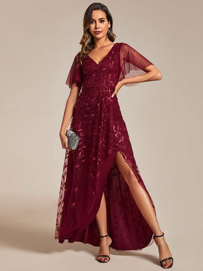 ever ALIX|Short Sleeves Sequin High Low V-Neck Midi Mother of the Bride Dress