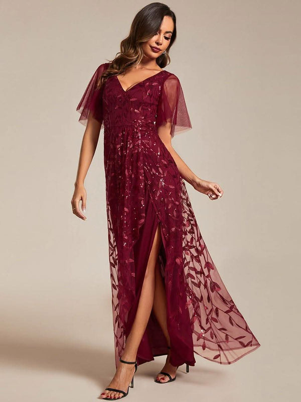 ever ALIX|Short Sleeves Sequin High Low V-Neck Midi Formal Wedding Guest Dress