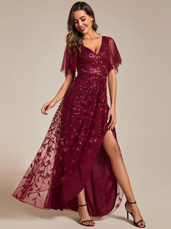 ever ALIX|Short Sleeves Sequin High Low V-Neck Midi Formal Wedding Guest Dress
