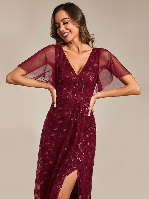 ever ALIX|Short Sleeves Sequin High Low V-Neck Midi Formal Wedding Guest Dress