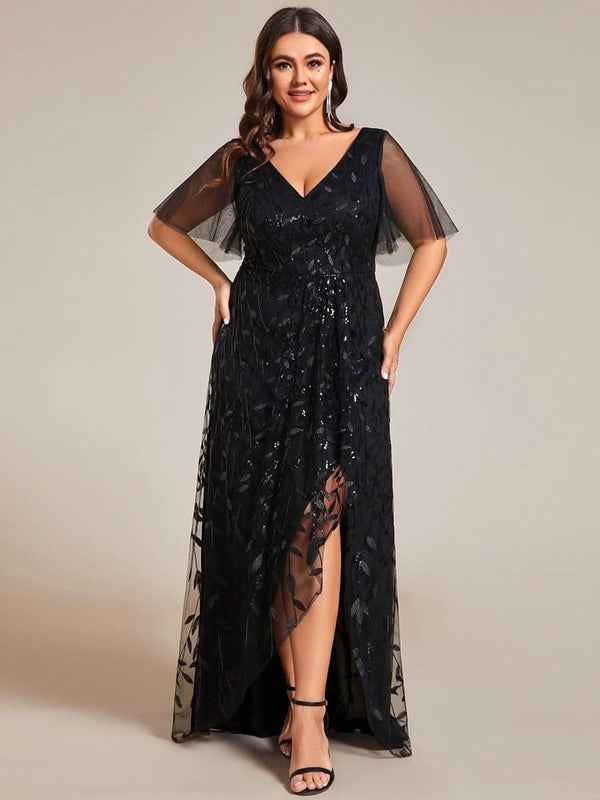 ever ALIX|Short Sleeves Sequin High Low V-Neck Midi Formal Wedding Guest Dress