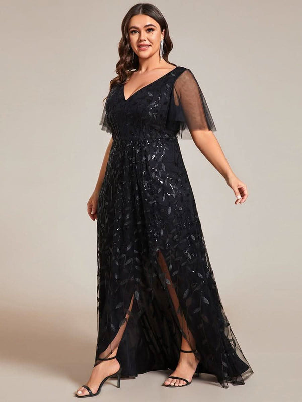 ever ALIX|Short Sleeves Sequin High Low V-Neck Midi Mother of the Bride Dress