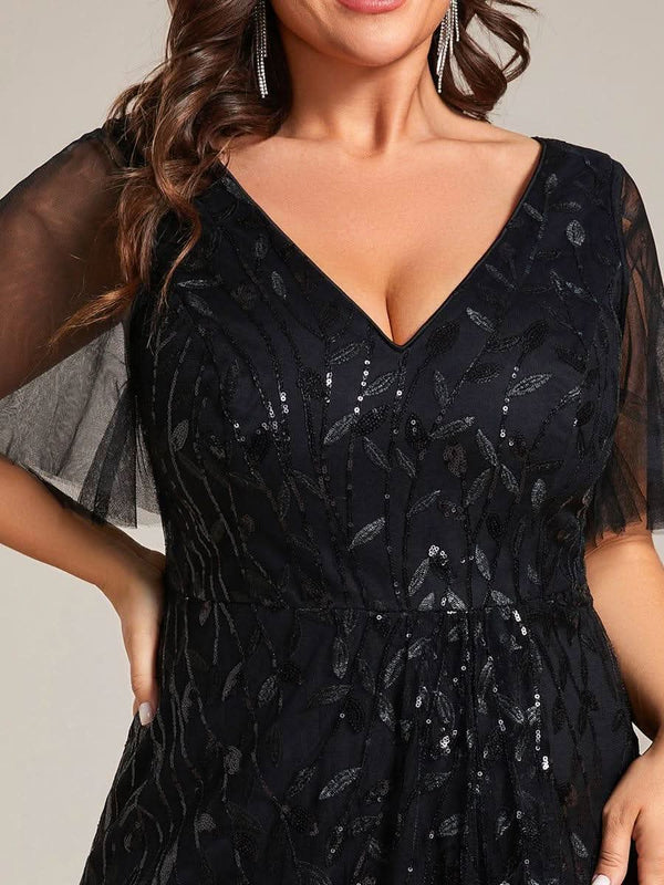 ever ALIX|Short Sleeves Sequin High Low V-Neck Midi Mother of the Bride Dress