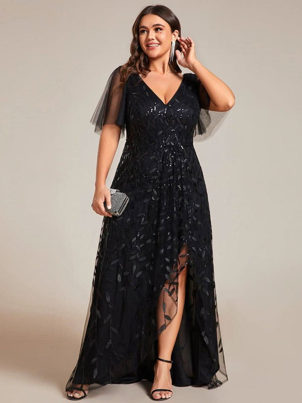 ever ALIX|Short Sleeves Sequin High Low V-Neck Midi Mother of the Bride Dress