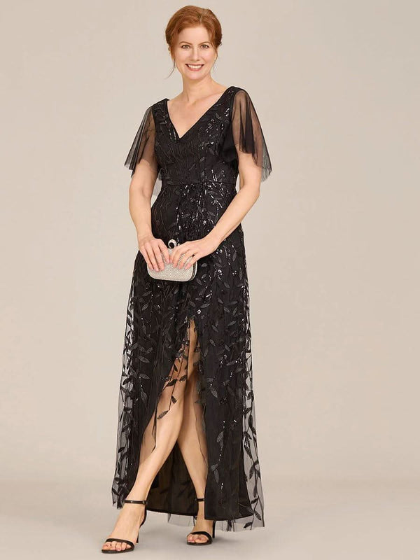 ever ALIX|Short Sleeves Sequin High Low V-Neck Midi Mother of the Bride Dress
