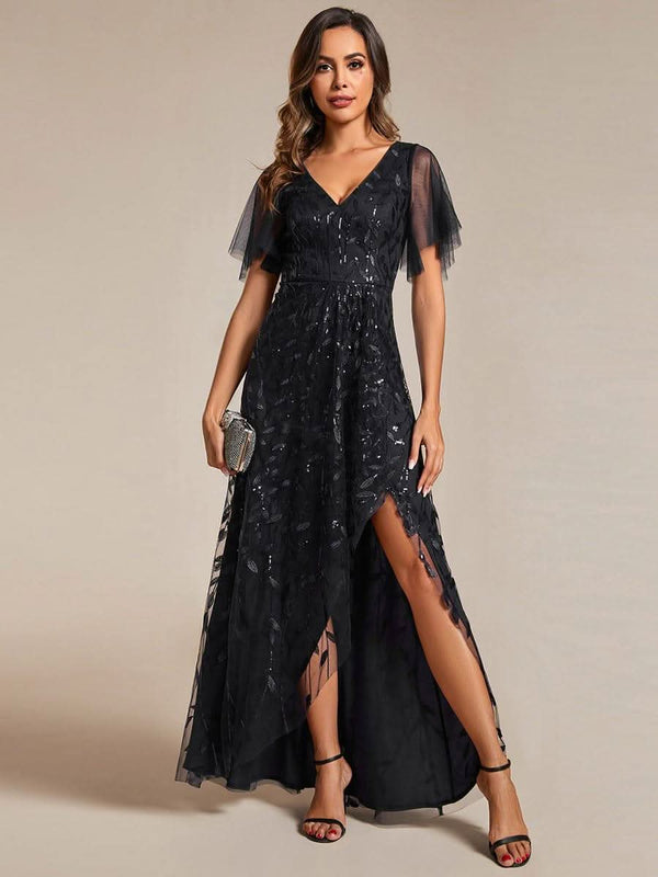 ever ALIX|Short Sleeves Sequin High Low V-Neck Midi Formal Wedding Guest Dress