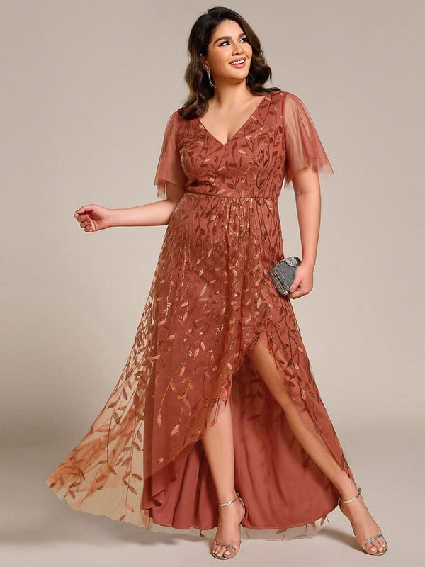 ever ALIX|Short Sleeves Sequin High Low V-Neck Midi Mother of the Bride Dress