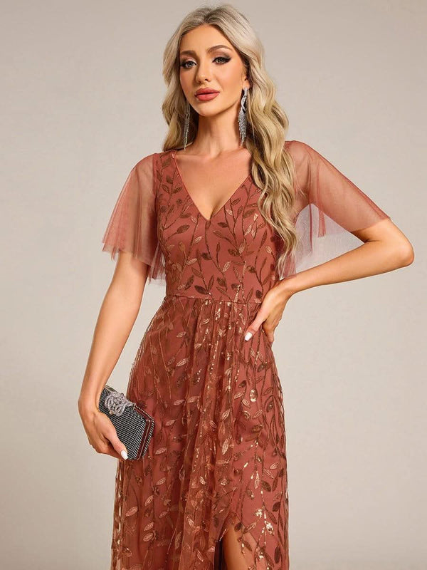 ever ALIX|Short Sleeves Sequin High Low V-Neck Midi Mother of the Bride Dress