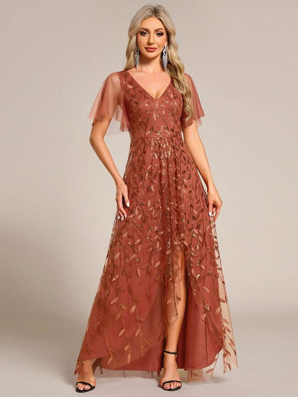 ever ALIX|Short Sleeves Sequin High Low V-Neck Midi Mother of the Bride Dress