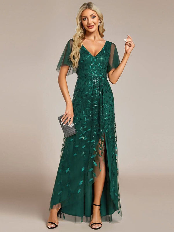 ever ALIX|Short Sleeves Sequin High Low V-Neck Midi Mother of the Bride Dress