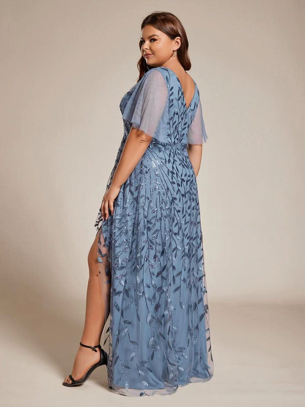 ever ALIX|Short Sleeves Sequin High Low V-Neck Midi Formal Wedding Guest Dress