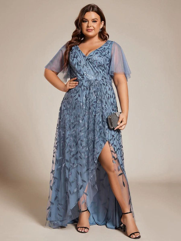 ever ALIX|Short Sleeves Sequin High Low V-Neck Midi Formal Wedding Guest Dress