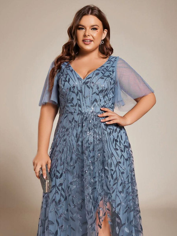ever ALIX|Short Sleeves Sequin High Low V-Neck Midi Formal Wedding Guest Dress