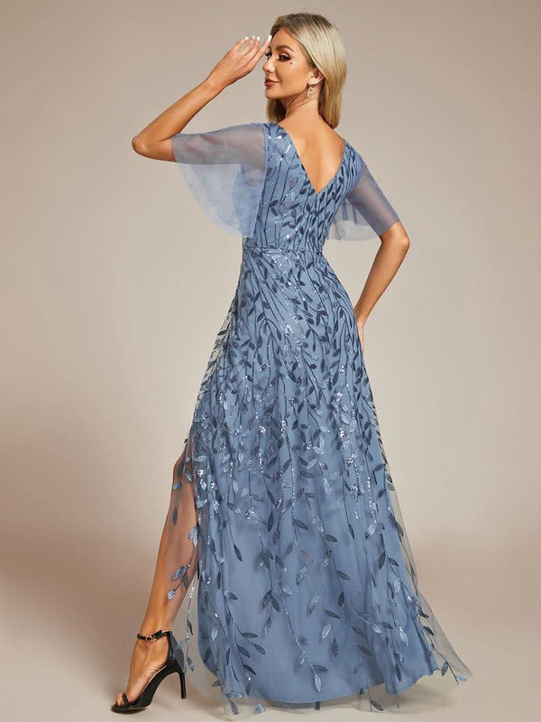 ever ALIX|Short Sleeves Sequin High Low V-Neck Midi Formal Wedding Guest Dress