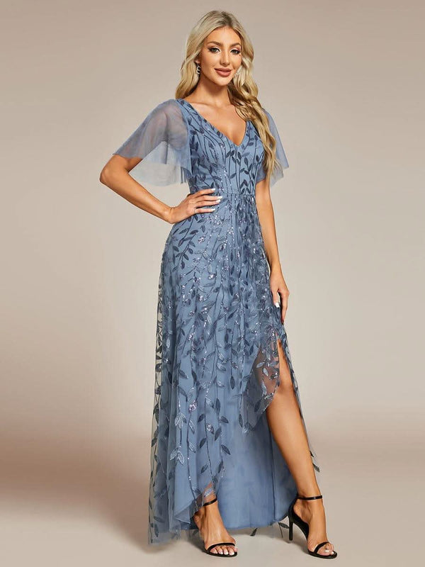 ever ALIX|Short Sleeves Sequin High Low V-Neck Midi Mother of the Bride Dress