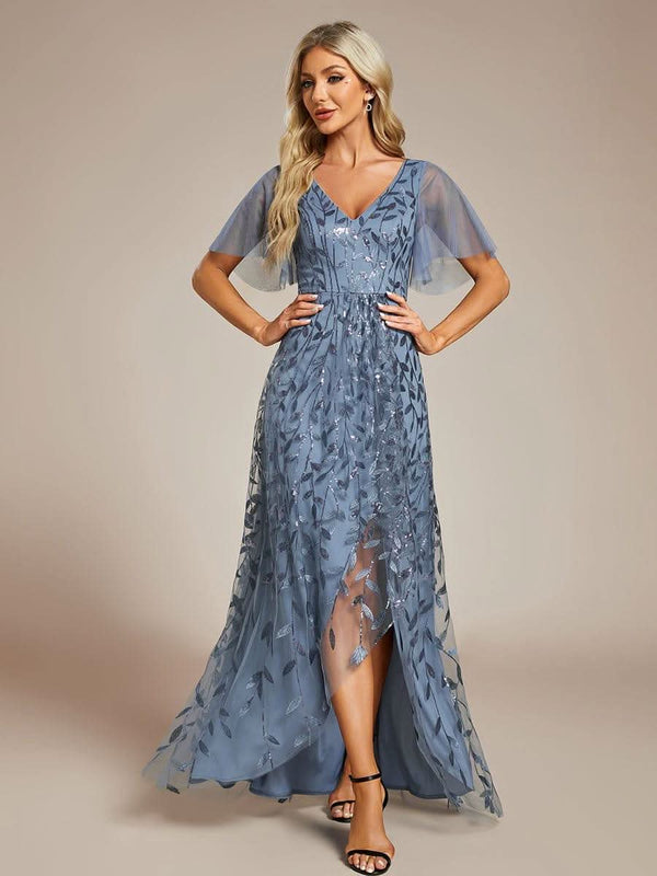 ever ALIX|Short Sleeves Sequin High Low V-Neck Midi Formal Wedding Guest Dress