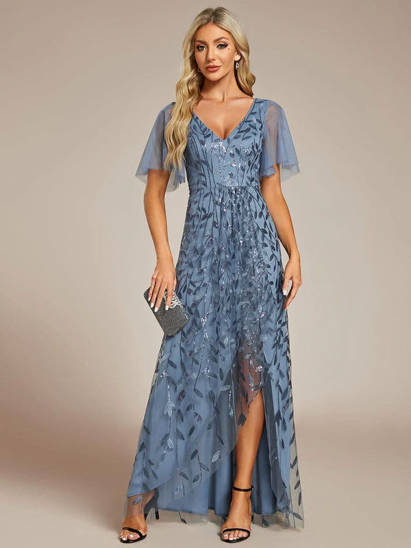 ever ALIX|Short Sleeves Sequin High Low V-Neck Midi Formal Wedding Guest Dress