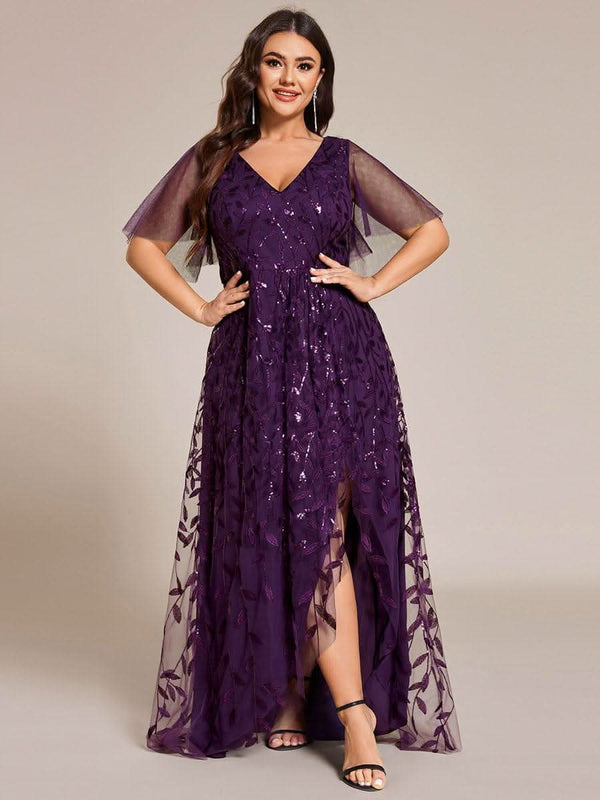 ever ALIX|Short Sleeves Sequin High Low V-Neck Midi Formal Wedding Guest Dress